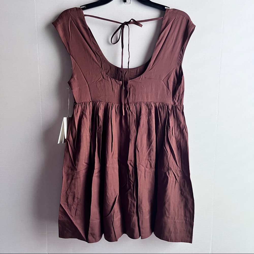 Anna Nata Brown Babydoll Mini Dress Empire Waist Cap Sleeve Pockets Scoop XS NEW - Picture 3 of 10
